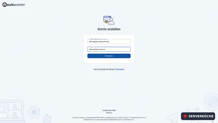 Konto erstellen – Vaultwarden nutzt die offizielle Bitwarden-Web-Oberfläche Das Vaultwarden-Web-Interface zeigt das Formular zum Erstellen eines neuen Kontos mit E-Mail-Adresse und Name