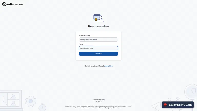 Das Vaultwarden-Web-Interface zeigt das Formular zum Erstellen eines neuen Kontos mit E-Mail-Adresse und Name