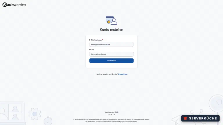 Das Vaultwarden-Web-Interface zeigt das Formular zum Erstellen eines neuen Kontos mit E-Mail-Adresse und Name
