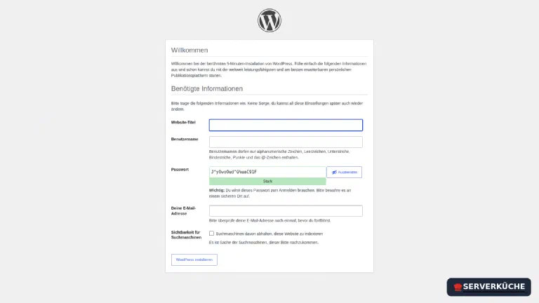 Der WordPress-Installationsassistent mit Feldern für Titel, Benutzername, Passwort und E-Mail